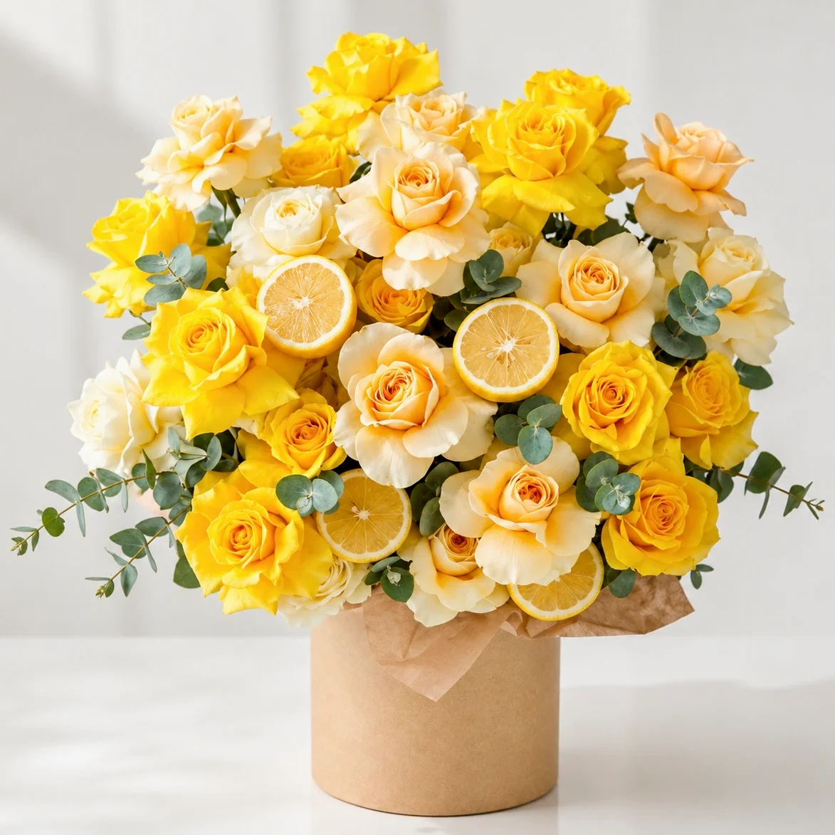 21 yellow and peach rose citrus floral gift box with fresh lemon slices arranged for elegant celebrations